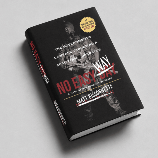 Book titled 'No Easy Way' by Matt Bissonnette on a gray background